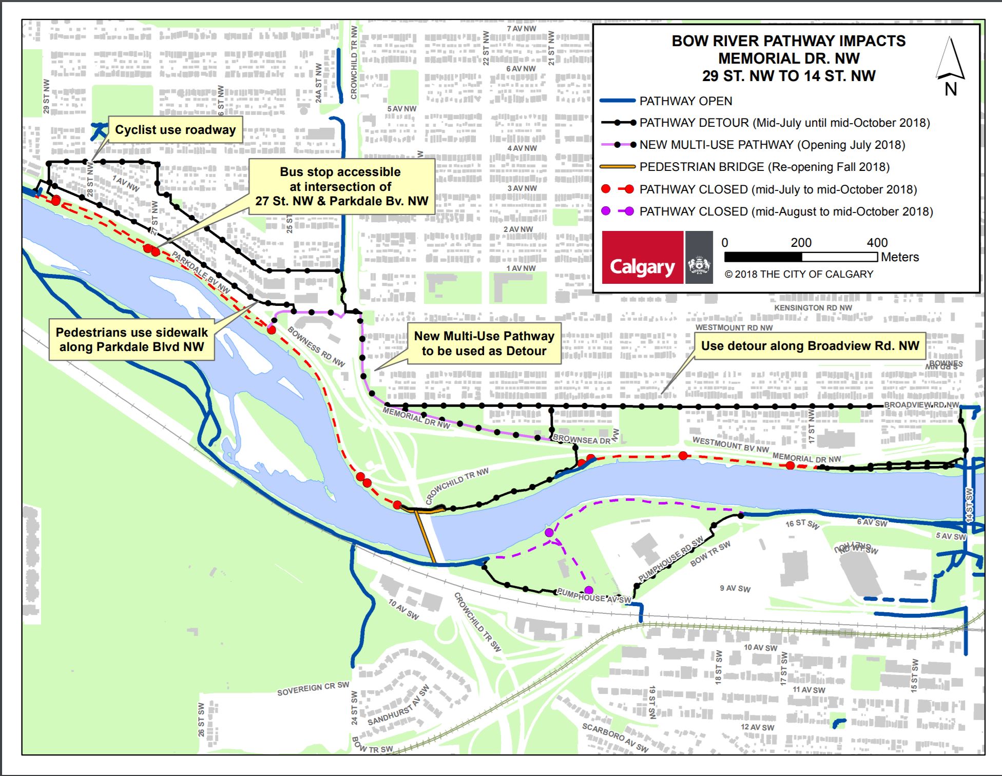City of Calgary on X The Bow River Pathway is closed on the north side of the river from 29 St NW to 16 St SW till mid October. Detours are in place