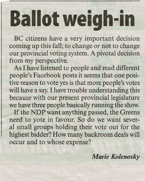 KylloGreg's tweet image. A local constituent wrote in to @TheSAObserver to express her views regarding #PropRep and @Dave_Eby 's "non-partisan" version of voting Utopia.  She doesn't have much faith in it for the future of #BC.
#savelocalrep #notoproprep #Shuswap #bcpoli
