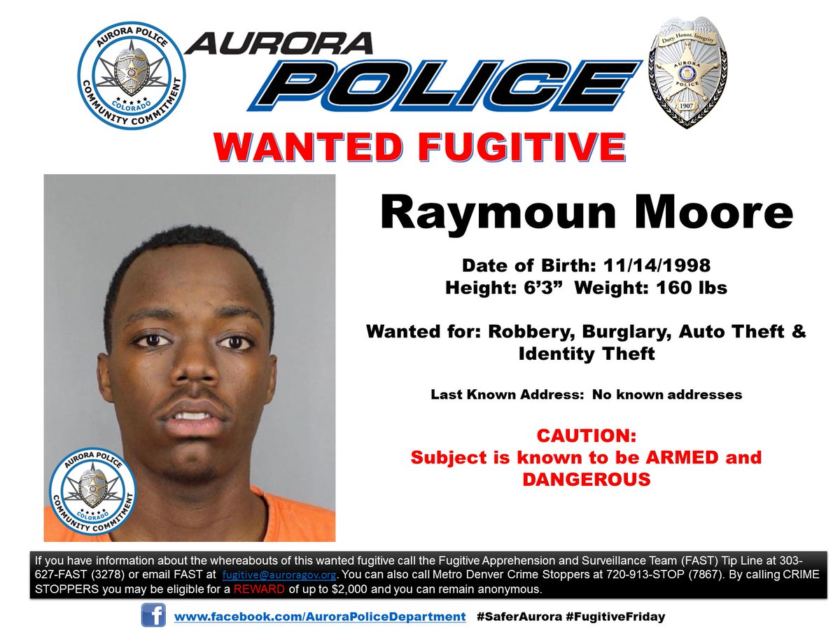 AuroraPD's tweet image. TRACK 'EM DOWN TUESDAY: Raymoun Moore
Raymoun Moore is considered ARMED &amp;amp; DANGEROUS. He's wanted for ROBBERY, BURGLARY, AGGRAVATED AUTO THEFT, IDENTITY THEFT and has an extensive criminal history.
If you see Raymoun Moore or know his whereabouts, please call 911 or 303.627.3100