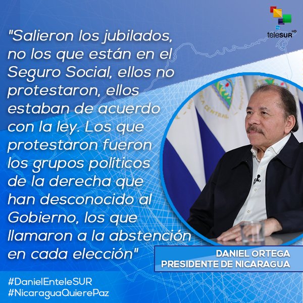 teleSURtv's tweet photo. Presidente Daniel Ortega afirma que la violencia en Nicaragua fue financiada https://t.co/MCfY4HGoQT
#DanielEnteleSUR #NicaraguaQuierePaz https://t.co/EVhtN8xEyF