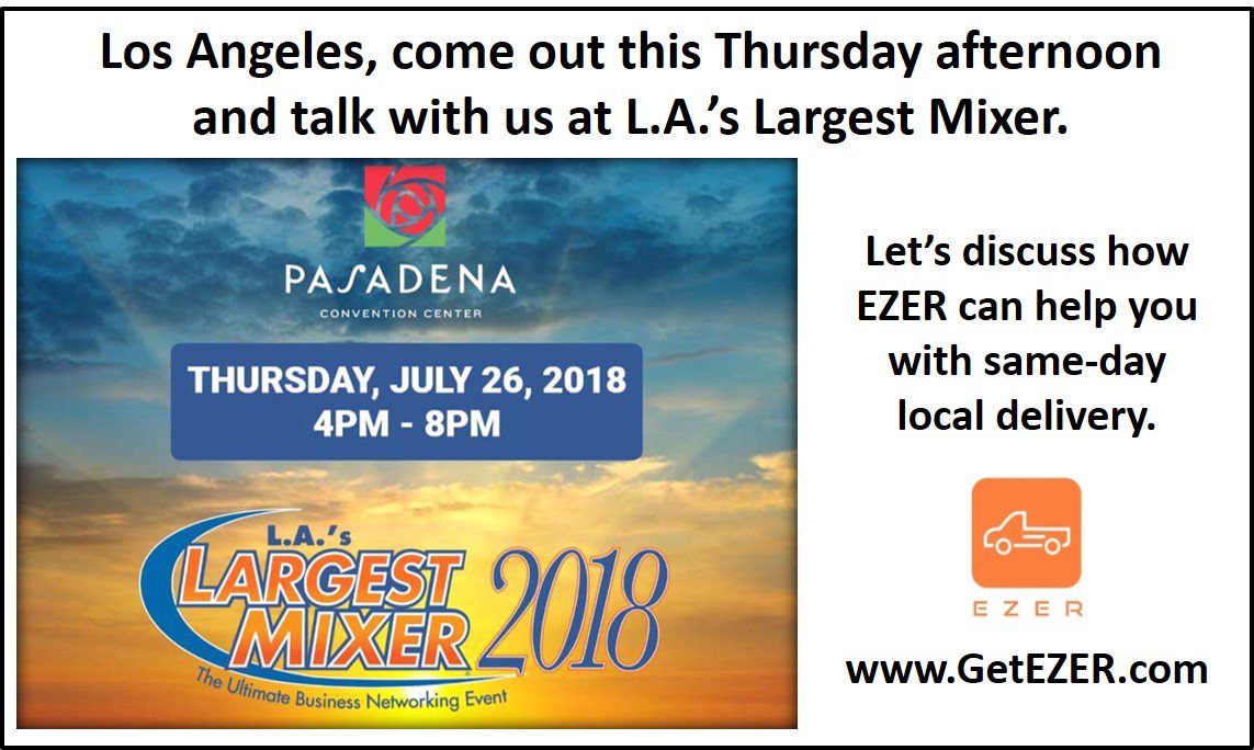 GetEZER's tweet photo. Los Angeles, come out and talk with us at the LA Largest Mixer on Thursday.
#LargestMixer #Pasadena #LosAngeles #SoCal #DTLA #BusinessExpo #LA #Business #SmallBusiness #B2B #B2C #SameDay #LocalDelivery #LastMileย #Logistics #Ecommerce #OfficeDelivery #HomeDelivery #LargestMixer https://t.co/QU0WNTpuMI
