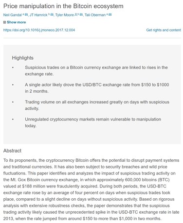 ProfPieters's tweet image. 2// The paper is Price Manipulation in the Bitcoin Ecosystem by Neil Gandal, JT Hamrick, Tyler Moore (@TylerWMoore) and Tali Oberman, published in May 2018 in Journal of Monetary Economics. 
sciencedirect.com/science/articl…