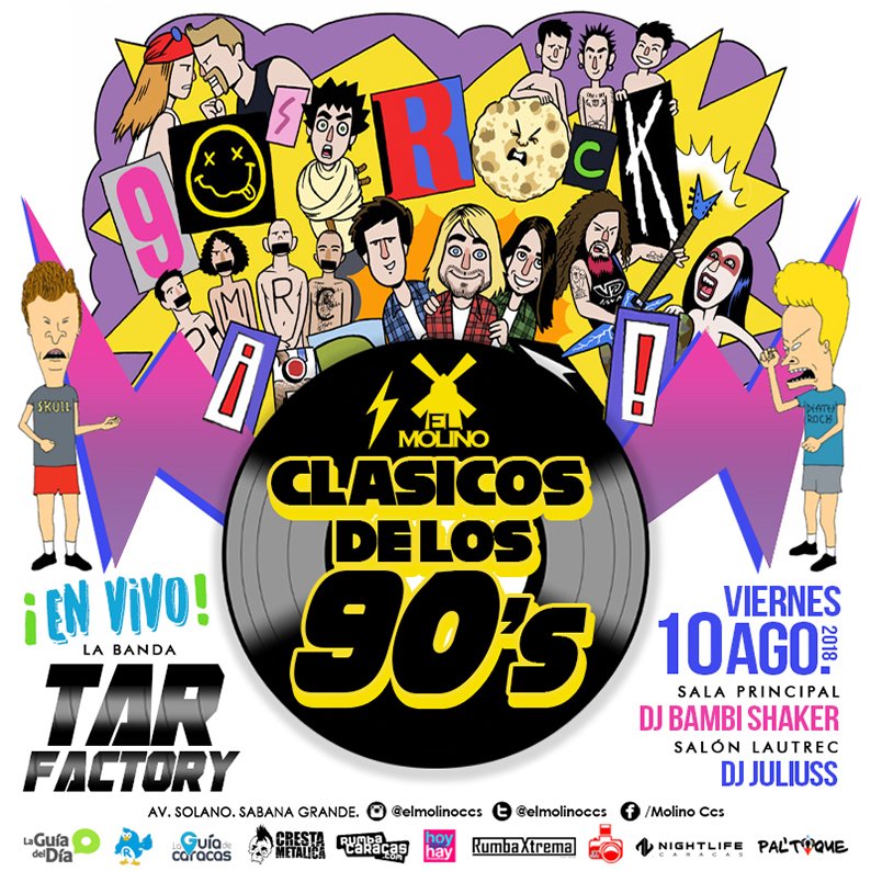 ElMolinoCcs's tweet photo. Este viernes #10ago cantarás a todo pulmón las canciones más emblemáticas del rock de los 90's con la banda #TarFactory @BandaTabako

¡Los #ClásicosDeLos90s, en vivo!
🤘9⃣0⃣🤘🎤🎸🎶🗣🔫

🎧 Sala Principal
▫ DJ Bambi Shaker

🎧 Salón Lautrec
▫ DJ Juliuss

😉👉 #SomosMolino https://t.co/UydzkXKM7c