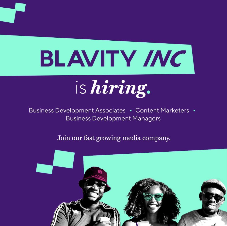 Hey Blavity, Inc. fam --  we're hiring! Head to Blavity.com/jobs  to check out our open roles and apply. We're currently looking for Business Development Managers + Associates as well as engineers, content marketers and more!