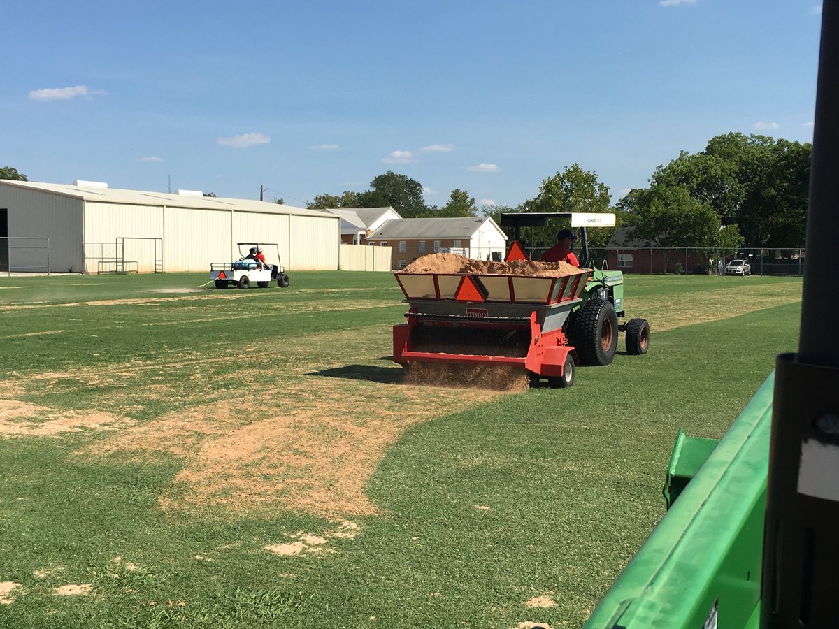 gisdoperations's tweet photo. Summer helpers @philigoat1, @Tanner_G_eorge &amp; @chandlermarkham  helping me topdress the JH practice field on a cool Tuesday afternoon(temp 100)! https://t.co/RUmyPqF5tK