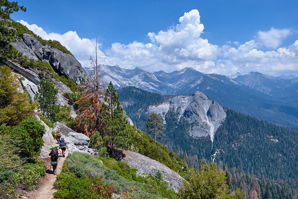 High Sierra Trail mile 8 of 72: The first dozen miles of the trail are mostly wooded, with occasional breaks for spectacular views like this, looking at Sugarbowl Dome over the Middle Fork of the Kaweah River. #backpacking #SequoiaNP