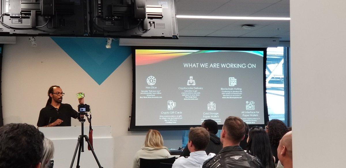 CymaticBruce's tweet image. At the @ARCV_Events meetup, where the topic is AR+Blockchain. Just listened to a presentation on paper storage of cryptocurrency and other virtual items, then using AR to interface.

Imagine a dollar bill with money, cryptokitties, and game stats inside.