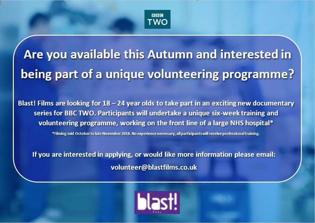 Hi there - I'd like to post a flyer for an exciting opportunity to be involved in a bbc2 documentary - we are looking for young people who could take part in a training/volunteer programme to work on the front line of the NHS (from Wales specifically!) #wales #jobswales #swjn