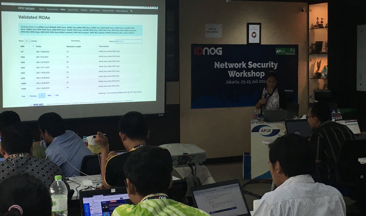 apnic's tweet photo. Meanwhile in Indonesia...
@irrashai is showing #idnog #netsec workshop attendees how to use @RIPE_NCC RPKI Validator to assist with their BGP decision making process & router configuration. https://t.co/DIpnw4aNfF https://t.co/ekg9GbK2wL