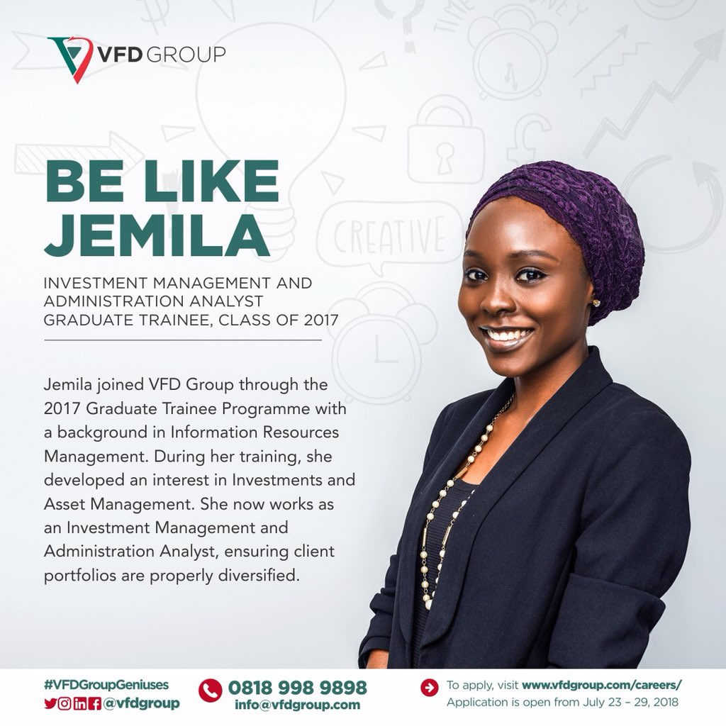 VFDGroup's tweet photo. Be like Jemila! Calling on all smart, creative and innovative graduates. Application into our Graduate Trainee Programme is now open. Visit https://t.co/bBDq3dLfeo to apply. #VFDGroupGeniuses https://t.co/mOjNDiaG7S