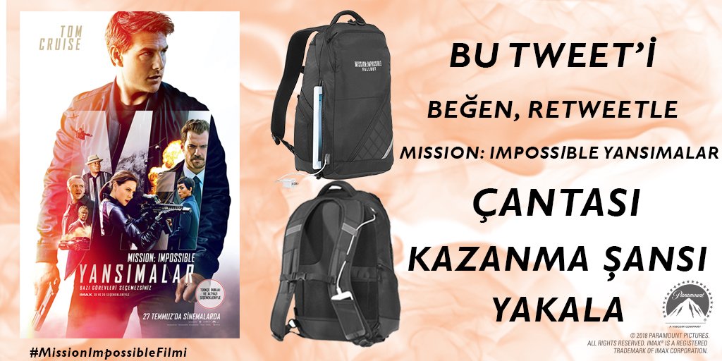 Beyazperde's tweet photo. Ethan Hunt'ın Mission: Impossible Yansımalar'daki tehlikeli görevlerinde en büyük yardımcısı olan çantasının senin olmasını ister misin? O zaman bu tweet'i beğen ve retweetle, Mission: Impossible Yansımalar çantası kazanma şansı yakala! https://t.co/LbmVEq2WLL