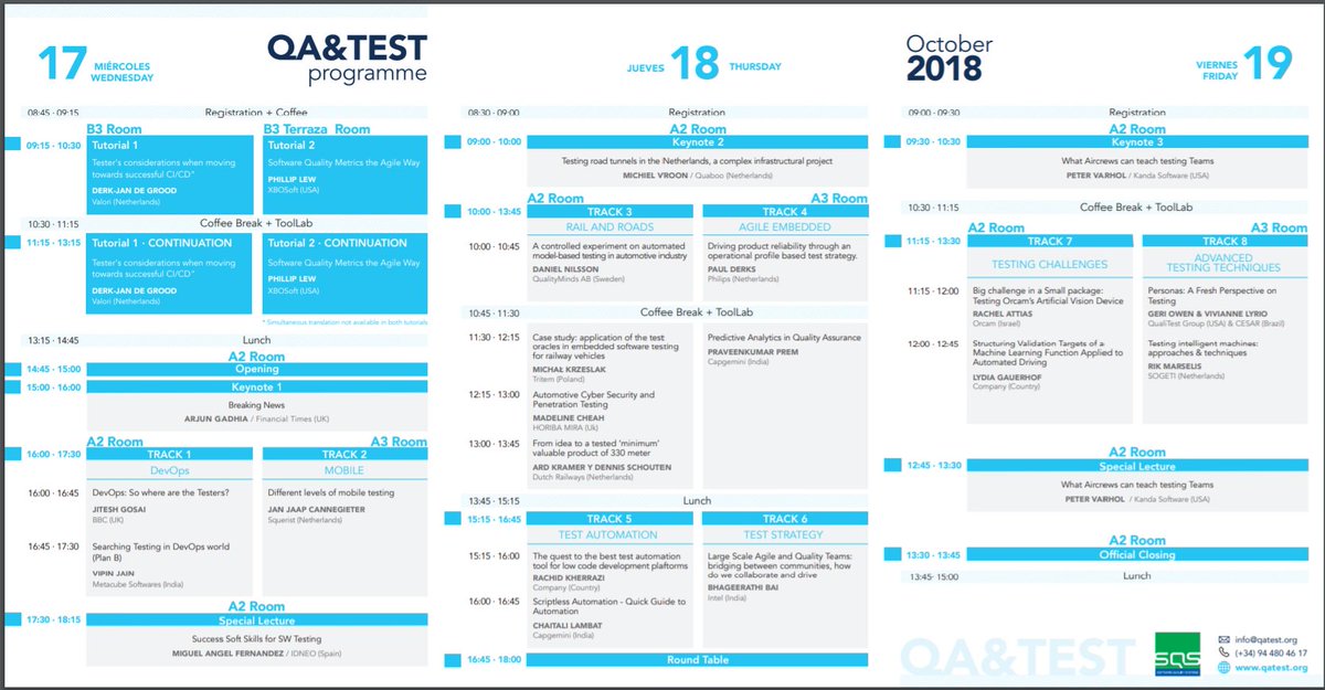 Abalos_QATest's tweet photo. Have a look at the QA&TEST 2018 PROGRAM!! #testing #QA #devOps #mobile #RailandRoads #AgileEmbedded #TestAutomation #testStrategy #TestingChallenges #AdbancedTestingTechniques https://t.co/LyXLKi85Zr https://t.co/u2akWt7YH6