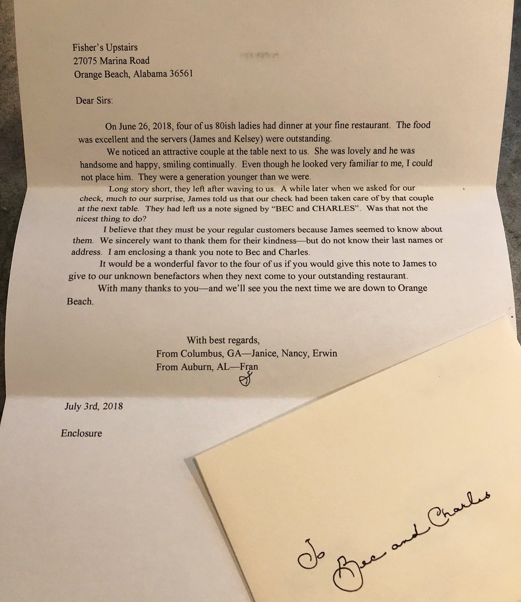 fishersobm's tweet photo. This is the sweetest thing we’ve seen in quite awhile.  The beauty of a kind gesture, heartfelt gratitude, and a well-written letter.  Take note, this is special. ❤️❤️❤️.
#franrocks #becandcharles https://t.co/3wXWC6eBN3