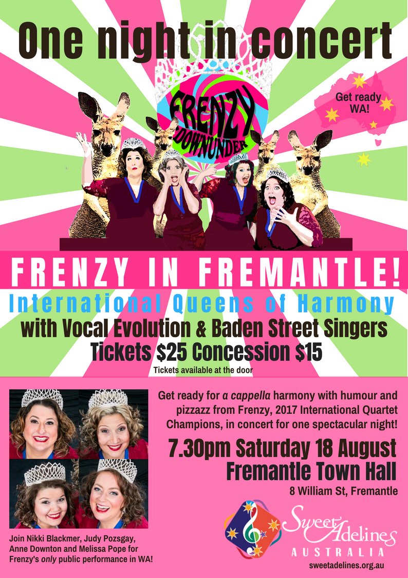 In concert in Freo, the fabulous Frenzy quartet from the US. Bringing all the techniques of pitch-perfect a cappella harmony sound, they add their unique brand of skill, performance and absolute hilarity! If you go to only one concert this year, go to Frenzy in Fremantle.