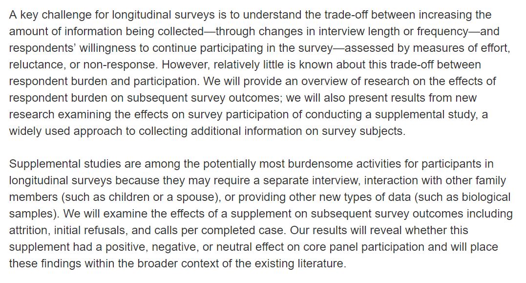 umpsid's tweet image. Today (July 25th) at @MOLS2Essex Narayan Sastry, Paula Fomby &amp;amp; Katherine McGonagle from @umpsid discuss the effects on attrition and fieldwork effort of participation in a supplemental study: evidence from the #PSID 
goo.gl/GCWzBbTime: 15:45
Room:LTB8
#MOLS2