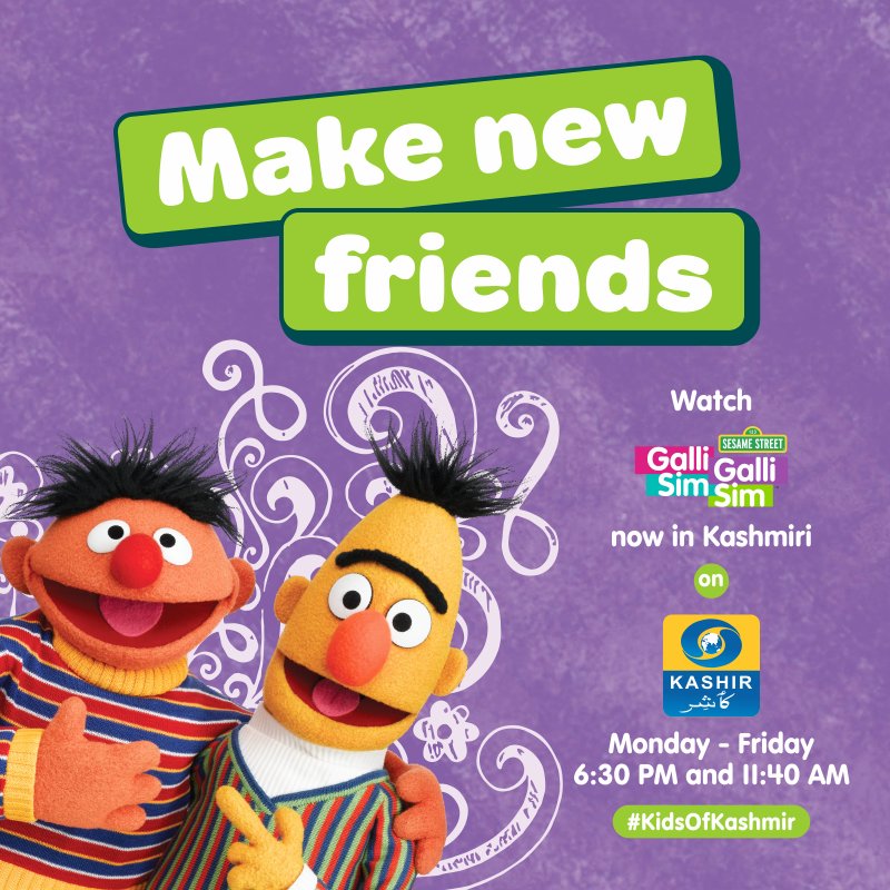SesameWrkshpIND's tweet photo. @SesameChamki and the gang are now creating magic in #Kashmir! Meet them on Galli Galli Sim Sim every Monday - Friday at 6.30 pm & 11.40 am on @DDKashirChannel! #TVShow #Friends #Kidsshow #KidsofKashmir #WednesdayWisdom @DG_Doordarshan @RisingKashmir @KashmirReader #Kashmiri https://t.co/JhIeHN87tC