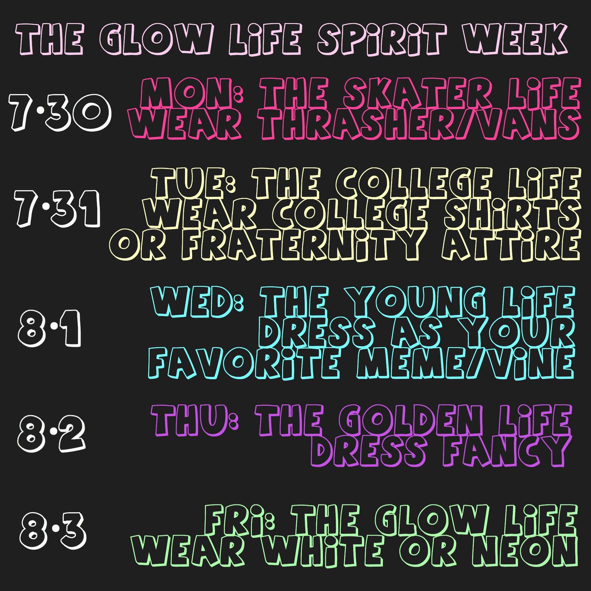 QCHSStuCo's tweet photo. QCHS!!!! Our annual glow dance is FRIDAY AUGUST 3RD aaaand the theme is... THE GLOW LIFE (Kanye West-The Good Life)!!! Make sure you RT and tell all your friends, can’t wait to see everyone there ✨ https://t.co/J69mc5xwAS