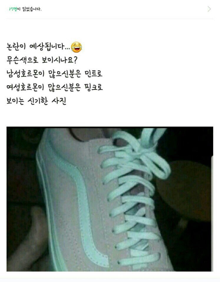 Changwoo 皆さん この運動靴なに色に見えますか 男性ホルモンが多かったらミント色 女性ホルモンが多かったらピンク色が見えそうですが 僕は 皆も答えて T Co Rn0ebsv77d Twitter