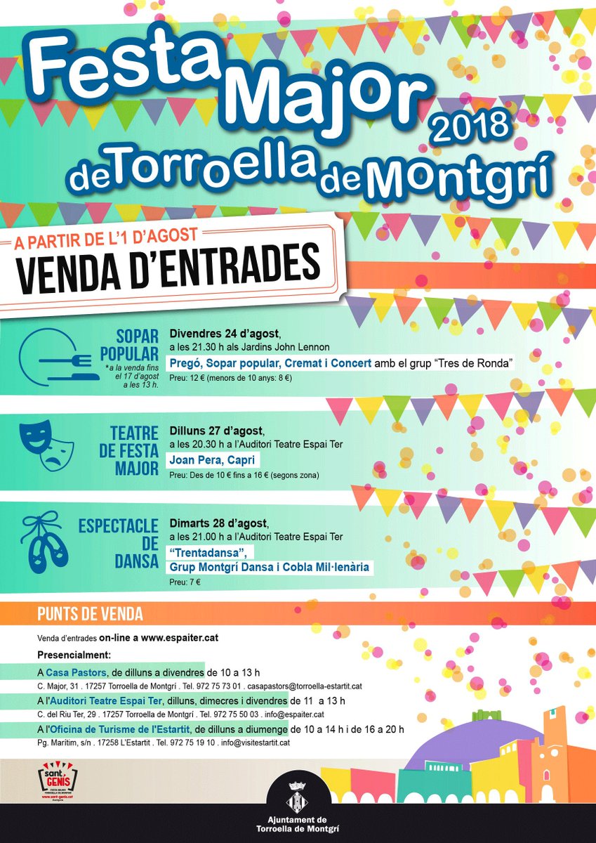 🥳A partir de l'1 d'agost es posen a la venta les entrades de la #FestaMajor de #SantGenís de #Torroella de Montgrí! 👇👇

➡️Sopar popular, pregó i concert
➡️Teatre de la Festa Major amb <a href="/JoanPera_/">Joan Pera</a> 
➡️Espectacle de dansa amb Montgrí Dansa i Cobla Mil·lenària 
#Joproposo