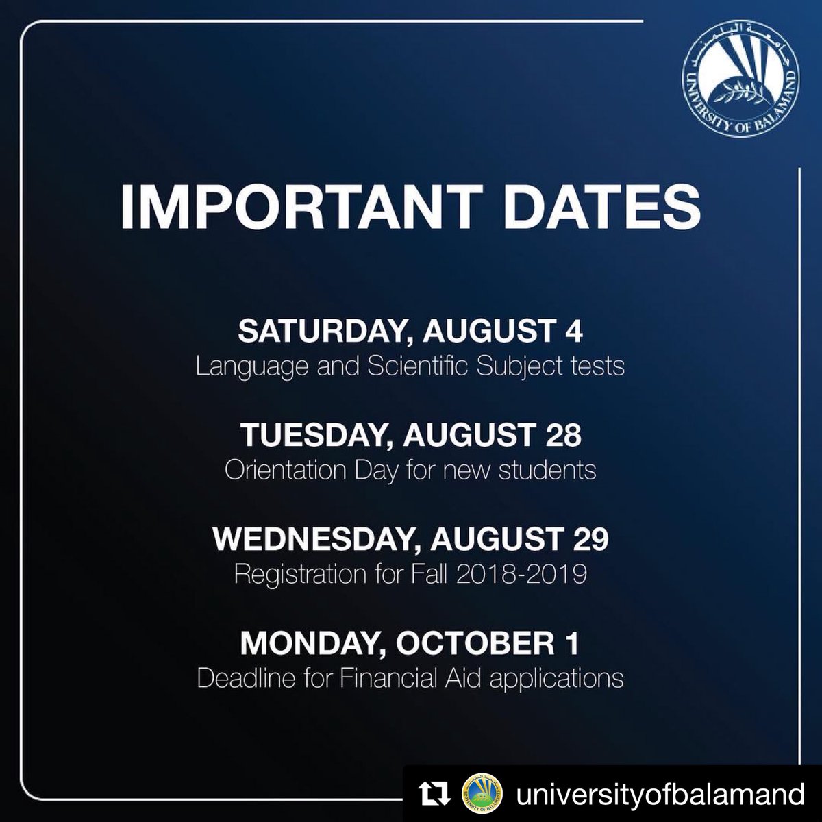 uobfhs's tweet photo. Important dates at the University of Balamand #UOB30 #uobfhs https://t.co/WePhcBR7d8