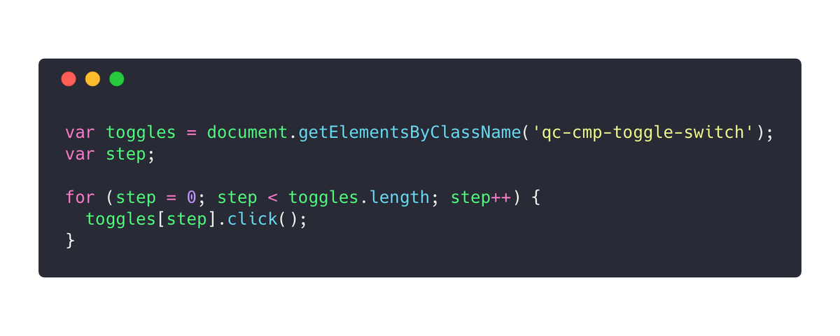 JavaScript used to click all toggles.