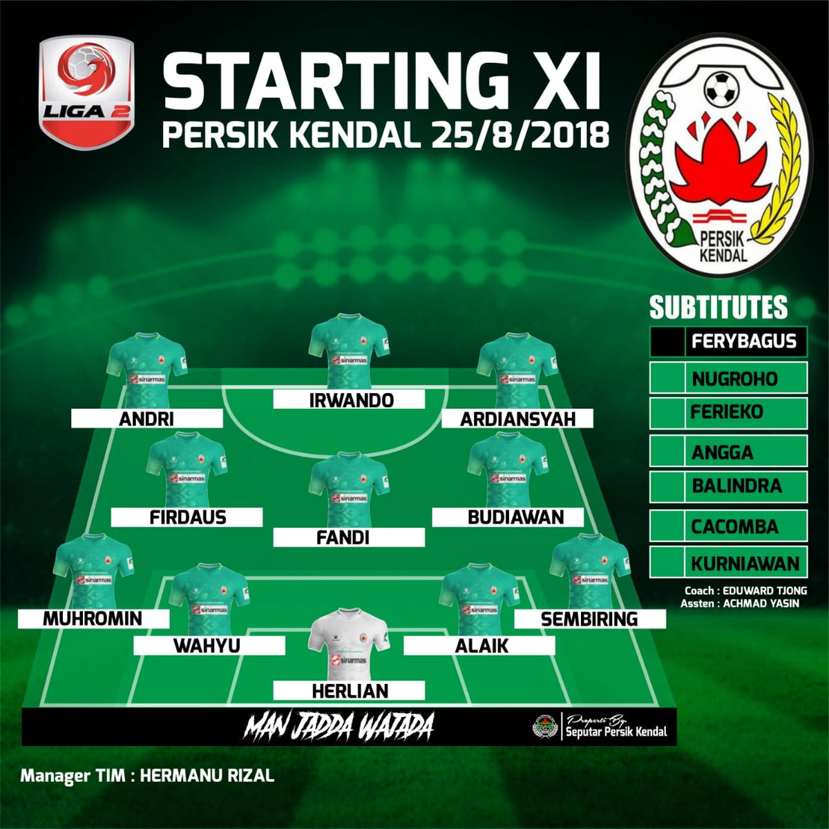 SeputarPersik70's tweet photo. Starting XI @kendal_persik pertandingan sore ini #dinonepersikendal #derbykalikuto https://t.co/HLdE1inkGp