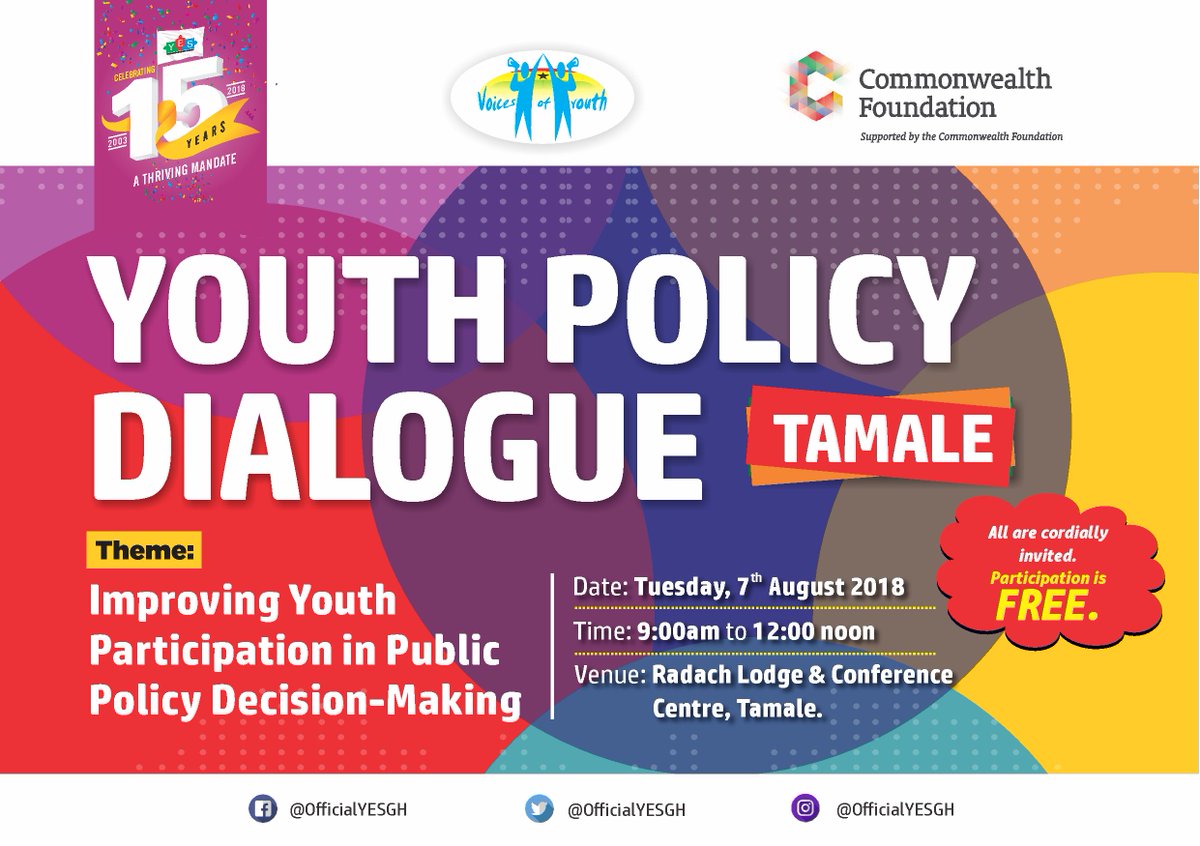 YotaRising's tweet photo. The upcoming Youth Policy Dialogue in Tamale is special and we're excited! WHY? It is:

- A multistakeholder conversation on youth development
- An event to mark this year's International Youth Day
And we're celebrating our 15th birthday!!

#VoicesOfYouthGH #YPD #AThrivingMandate https://t.co/gUI03Fd5aH