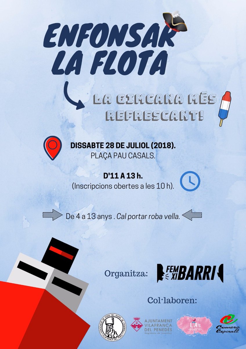 ALERTA ⚠ Aquest és un missatge de les noies de Fem xi-Barri! 
Aquest cap de setmana a la Festa del Barri de l'Espirall organitzen una gimcana: Enfonsar la Flota ⛵️🏴    
Per participar-hi només cal portar roba vella i moltes ganes de divertir-se. 🎉🎉