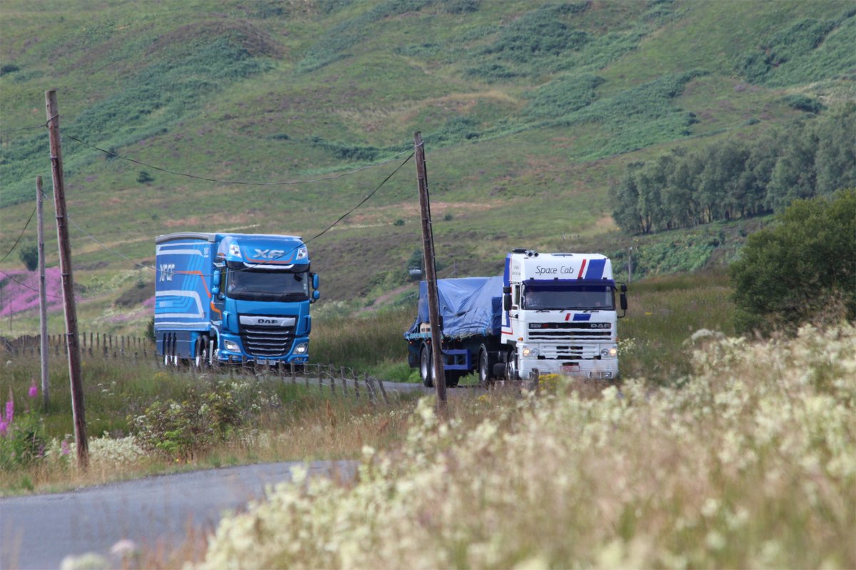 DAFTrucksUK's tweet photo. Day three of the #DAF 3300 road test up in Scotland to celebrate #DAF90Years. Both the old timer and the New XF are really taking to the roads up here. Stunning. https://t.co/qk1d39b9z4