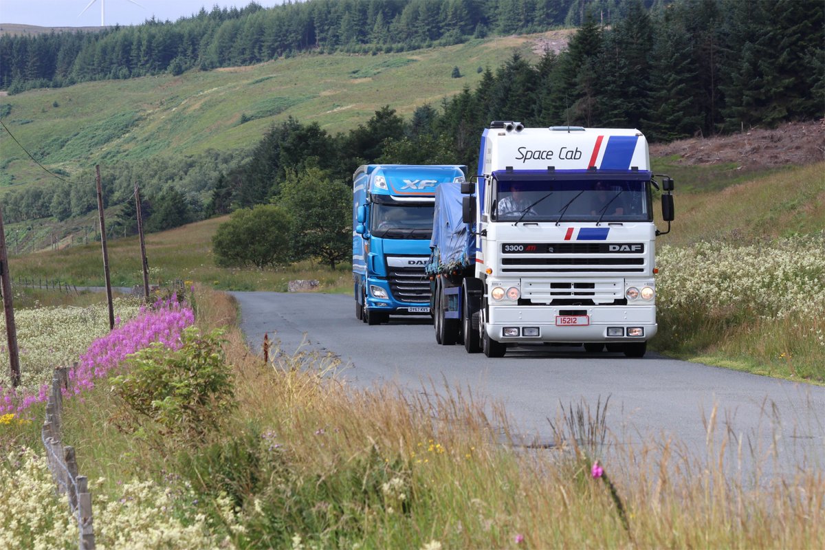 DAFTrucksUK's tweet photo. Day three of the #DAF 3300 road test up in Scotland to celebrate #DAF90Years. Both the old timer and the New XF are really taking to the roads up here. Stunning. https://t.co/qk1d39b9z4