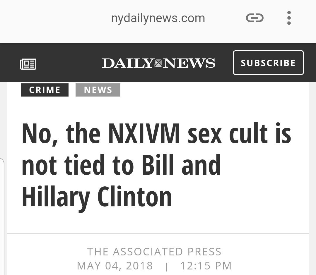 (1) Let's dig into this headline, are the Clintons really connected to NXIVM?  @NYDailyNews says No. #NXIVM  #ClintonCrimeFamily  #ClintonBodyCount  #ObamaGate  #DrainTheDeepState  #Qanon  #QArmy  #MAGA  #AllisonMack  #Seagram