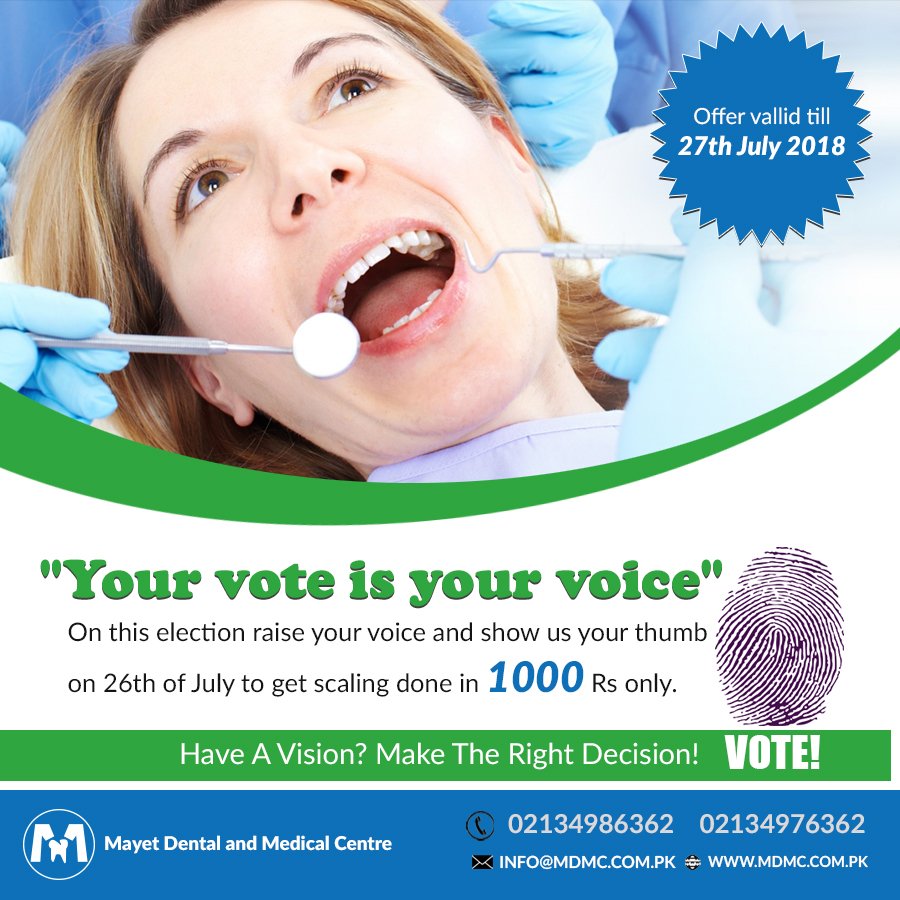 MdmcPk's tweet photo. Mayet Dental &amp; Medical Centre
#Raise Your Voice chose right in these election
#on these election raise your voice
#Show us Your thumb and get scaling done in 1000 rp only
Don’t miss this limited time offer!

Hurry Book your appointments
Online 💻
https://t.co/iJqpW9Pwfv https://t.co/Rr8sbOW4U4