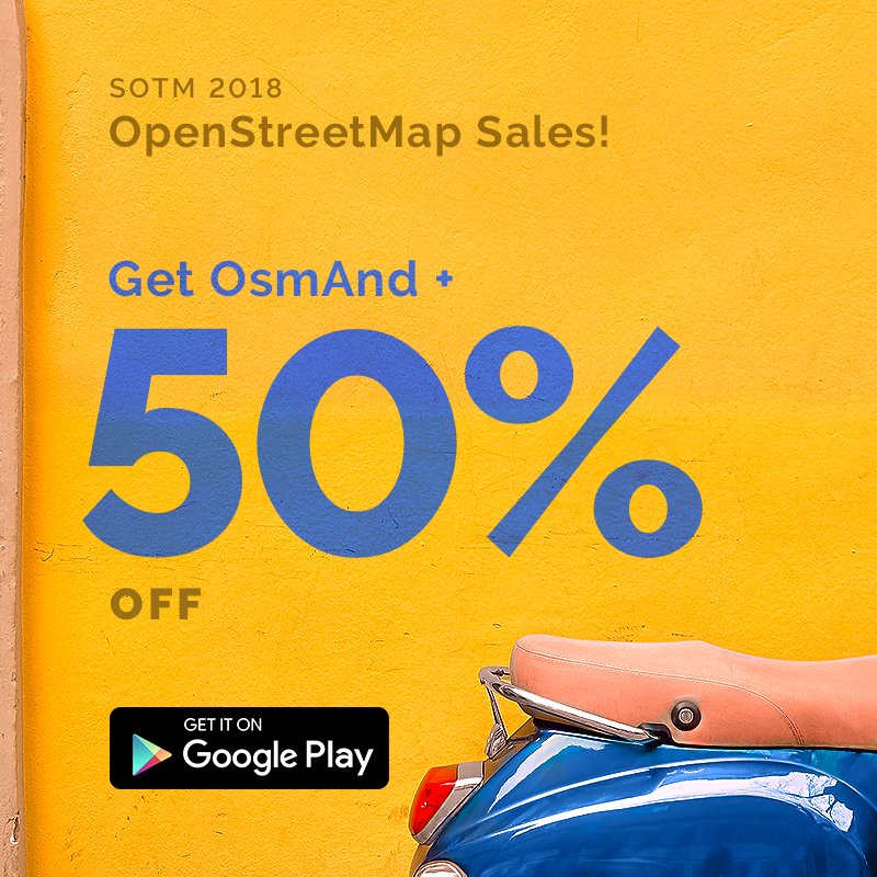 OpenStreetMap Sale! Get OsmAnd+ and Contour lines for your Android device or all world maps for iOS at 50% OFF.

OsmAnd+: bit.ly/2A7HGR0
Contour Lines: bit.ly/2Odilrz
iOS: apple.co/2uKeM4h

#OsmAnd #discount #sale #android #iphone #StateoftheMap