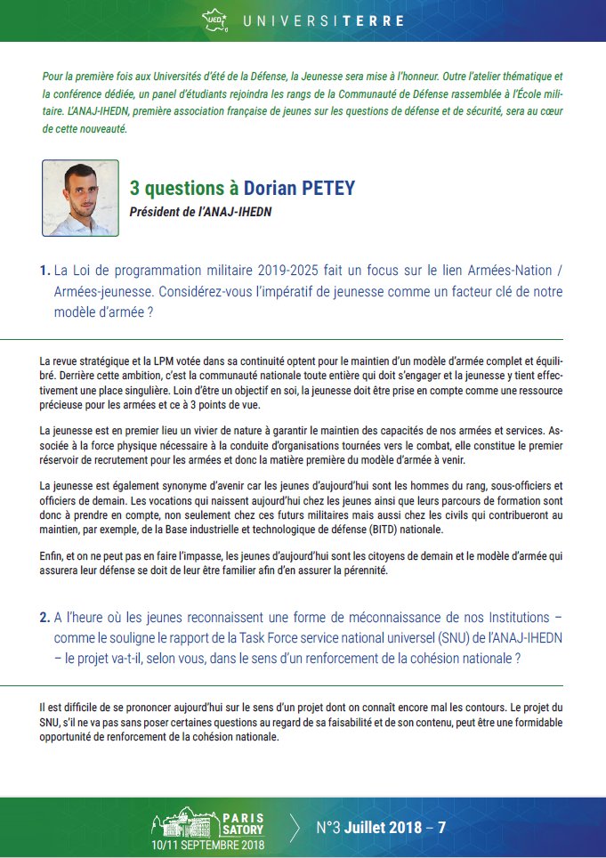 Jeunes_IHEDN's tweet photo. [On parle de nous] "La voix de l’ANAJ est le résultat d’1 débat fertile qui s’affranchit facilement des rigidités sectorielles". 
👉Itw de D. Petey président @anaj_ihedn ds le dernier numéro du journal #UED (https://t.co/ifW9q5xi57…/le_journal_de_l_univers…) @Defense137 https://t.co/cWTidqhE91