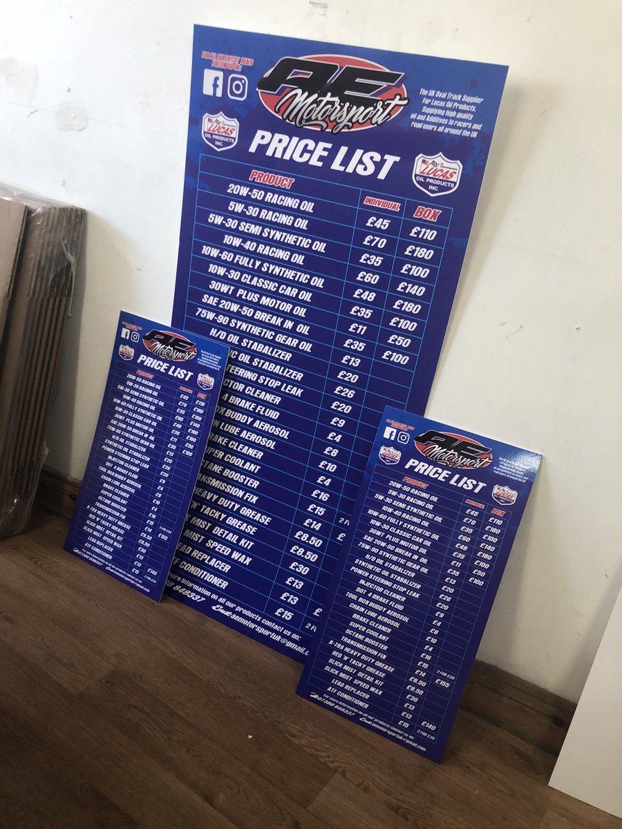 signs_fly's tweet photo. Couple of Price List Foamboard Prints for @aemotorsport #flysigns #lucasoil #aemotorsport #signage #signs #digitalprint https://t.co/nr0UDsVBP7