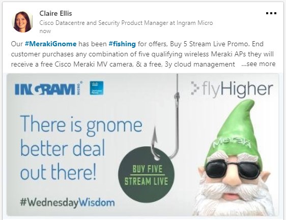 clairee56231128's tweet photo. Our #MerakiGnome has been #fishing for offers, Buy 5 Stream Live Promo. End customer purchases any combination of five qualifying wireless Meraki APs they will receive a free Cisco Meraki MV camera, &amp; a free, 3y cloud management license. #WednesdayWisdom call us on 0371 973 3000 https://t.co/pC10gPuGwN