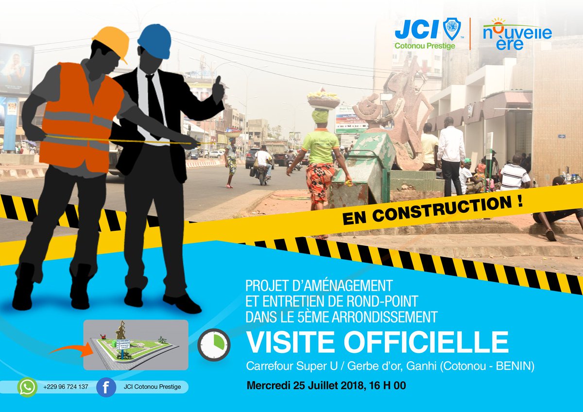 JCICtnPrestige's tweet photo. Dans le cadre de son projet d'aménagement et d’entretien du carrefour Super U / Gerbe d’Or, la JCI Cotonou Prestige effectue, avec les autorités communales et les populations environnantes, une visite officielle sur ledit site ce jour à 16h.
Prenez le rendez-vous. https://t.co/z78VhGilVL