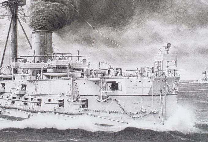 随分と時間がかかってしまいましたが、防護巡洋艦「松島」は、取り敢えず完成です。全体像は改めてご紹介するとして、まずは部分的にご覧下さい。
艦首側の遠方には「吉野」、後続艦は「千代田」「厳島」「橋立」です。
#アートスタジオ楓 #鉛筆画 #鉛筆艦船画 #菅野泰紀 #松島 