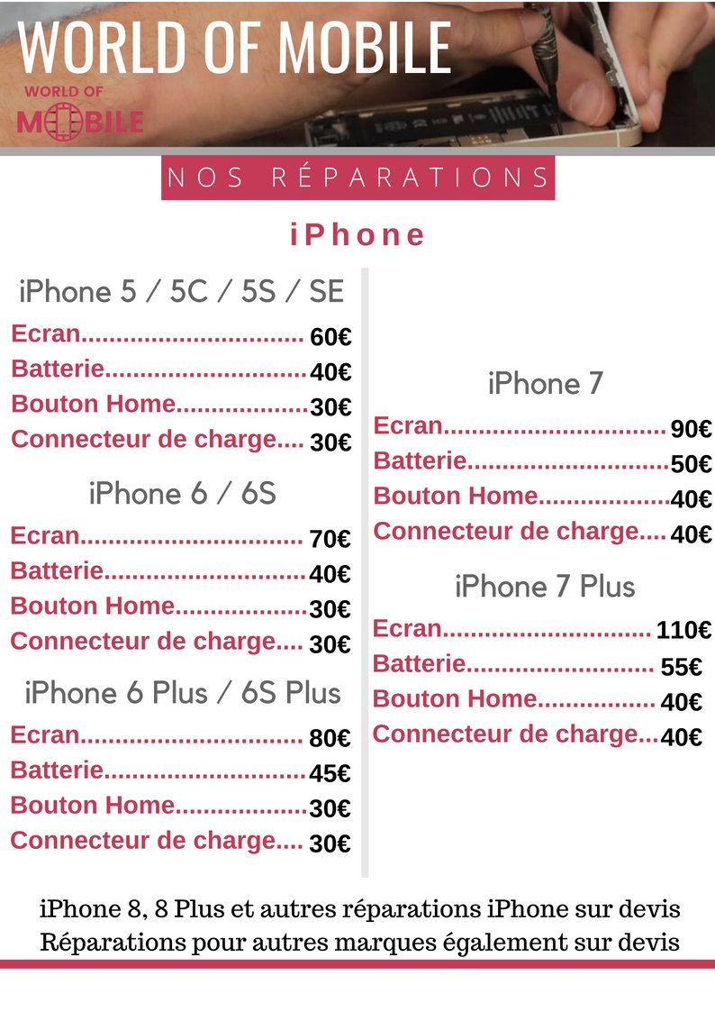 WorldOfMobileFR's tweet photo. Bonjour,

Voici les différents tarifs que nous appliquons pour nos principales réparations iPhone

N'hésitez pas à nous contacter pour plus d'informations (autres réparations iPhone, réparations sur autres marques)

A très bientôt !

WoM

06 46 24 88 18
contact@worldofmobile.fr https://t.co/7tp0GWjd8I