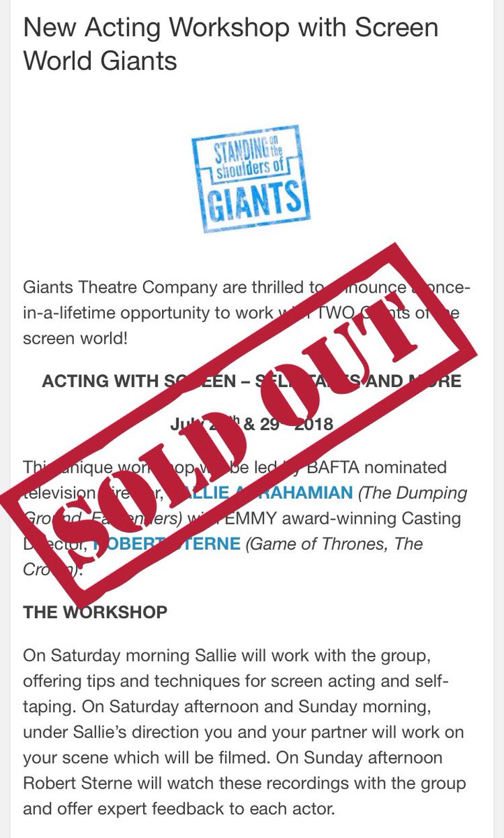 Giants_Theatre's tweet photo. Our #ScreenGiants Workshop is officially...
SOLD OUT!!!
We cannot wait to welcome BAFTA nominated director, SALLIE APRAHAMIAN (Dr Who, Poldark), EMMY award-winning Casting Director, ROBERT STERNE (Game of Thrones, The Crown) and all our wonderful #GiantsStudents this weekend! https://t.co/UpmiKbGczY