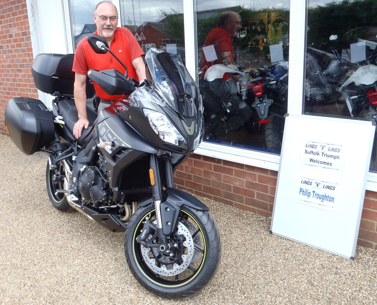SuffolkTriumph's tweet photo. Philip Troughton is looking relaxed and at home with his beautiful Tiger Sport. Philip needs to be. He's riding the bike to Ireland and  has a ferry booked! That'ii get the seat bedded in nicely then. https://t.co/Y57qinaXfa