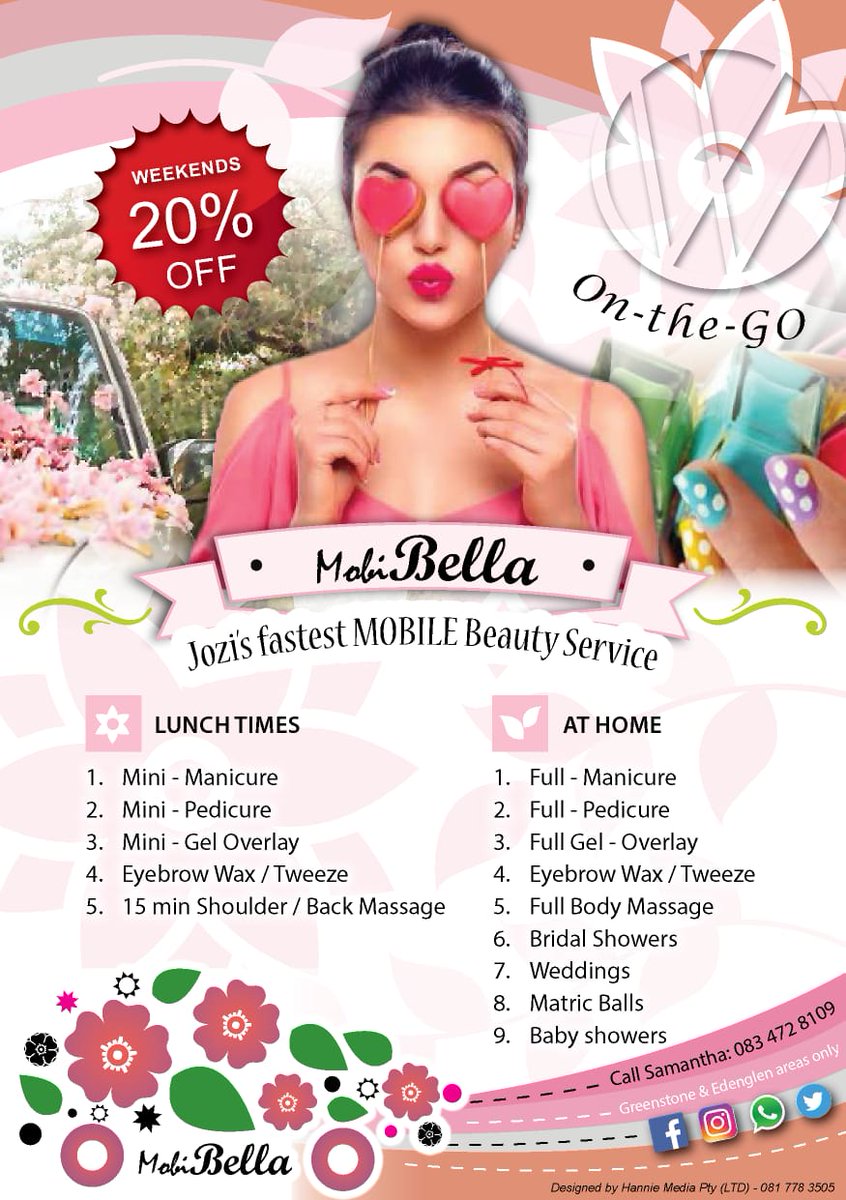 Contact me for the days you need to be on fleek. Mani's and Pedi's you name it I do it. 
Gauteng province.