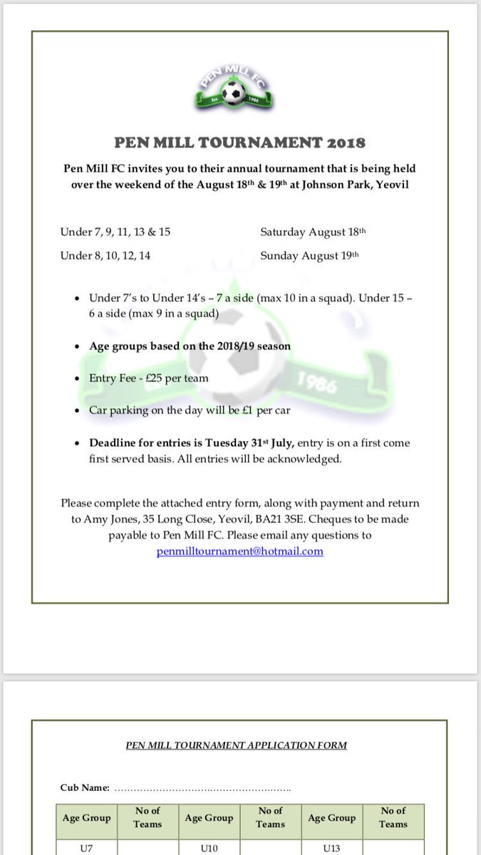 Pen Mill FC (@pen_mill_fc) on Twitter photo Deadline for entries for the Pen Mill tournament is a week away. DM me or email the address on the entry form to register your team <a href="/SomersetFA/">Somerset FA</a> <a href="/yeovilleague/">Yeovil League</a> Please RT #supportgrassroots Deadline for entries for the Pen Mill tournament is a week away. DM me or email the address on the entry form to register your team <a href="/SomersetFA/">Somerset FA</a> <a href="/yeovilleague/">Yeovil League</a> Please RT #supportgrassroots