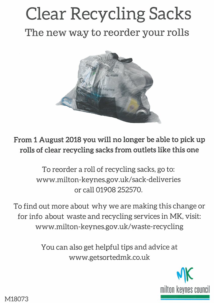 BFSTC's tweet photo. Milton Keynes Council are changing the way you get your recycling sacks.  From Wednesday 1st August 2018 you will need to order recycling bags directly from Milton Keynes Council.  Please see the image below for more information. https://t.co/irdNZ6md0L