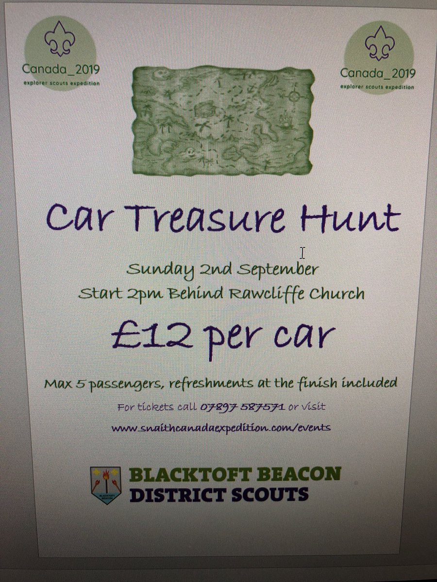 canada_2019's tweet photo. Tickets now on sale for our car treasure hunt Sunday 2nd September!! #familyfun #prizes #refreshments #itsascoutthing #fundraising #scouts #canada https://t.co/PV0jVMd37f