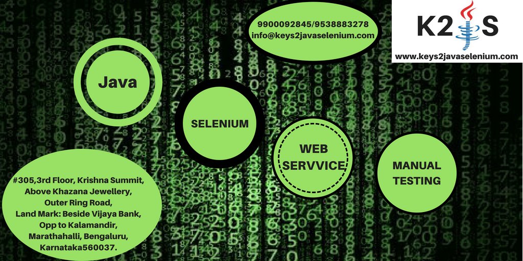 JitendraKeys2's tweet image. #Best_Core_Java__Training
#Core_Java_Training
#Best_Selenium__Training
#Best_Manual_Testing_Training
#Best_Web_service_Training
Call On:+919900092845/+919538883278
Email Us: info@keys2javaselenium.com
Website: keys2javaselenium.com