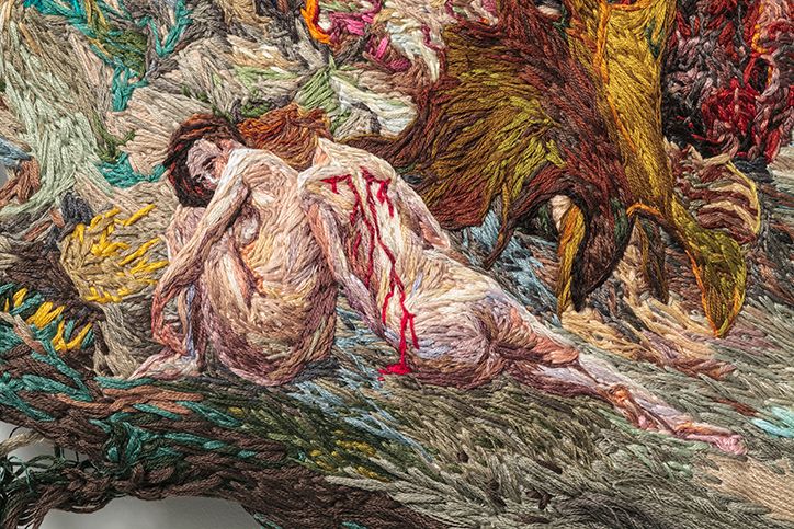 itsnicethat's tweet image. Sophia Narrett’s intricate embroideries show frenzied scenes and intimate moments &amp;gt; buff.ly/2mFUQuL