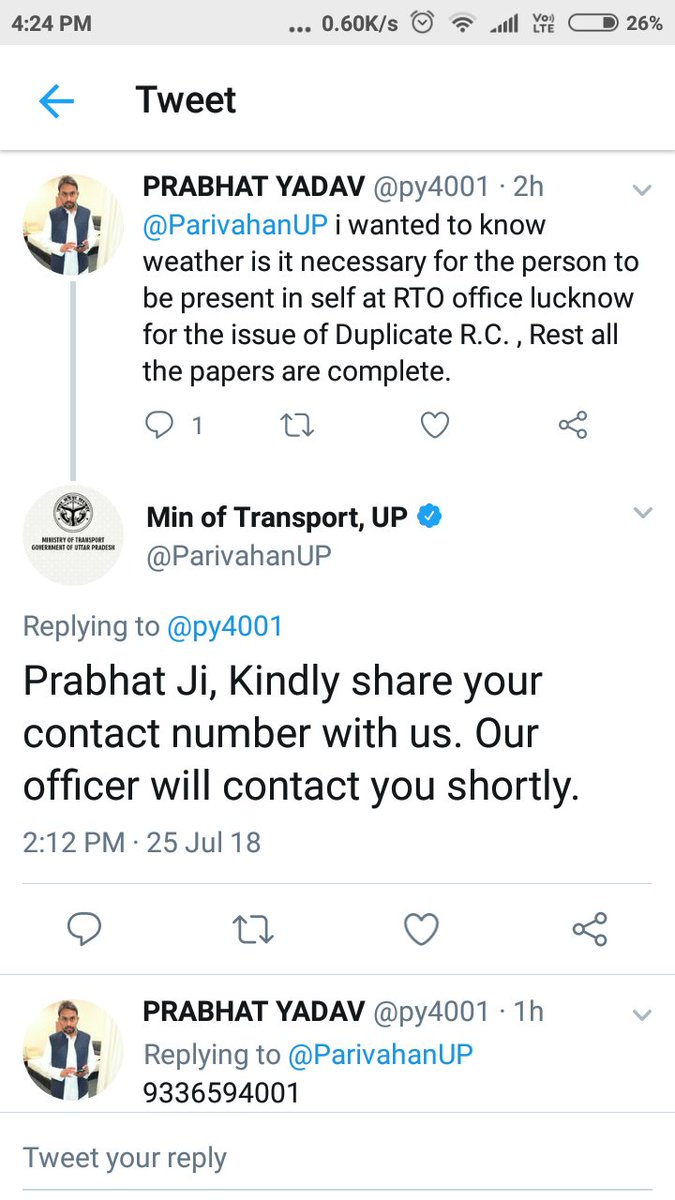 py4001's tweet photo. @ParivahanUP within 3 minutes of my tweet I got a reply asking my number, I was so glad that I have been heard but since I have given them my contact, I have not been contacted yet.
9336594001 my contact.
@myogiadityanath  @narendramodi @ChiefSecyUP @UPGovt https://t.co/k0CiSyLowI