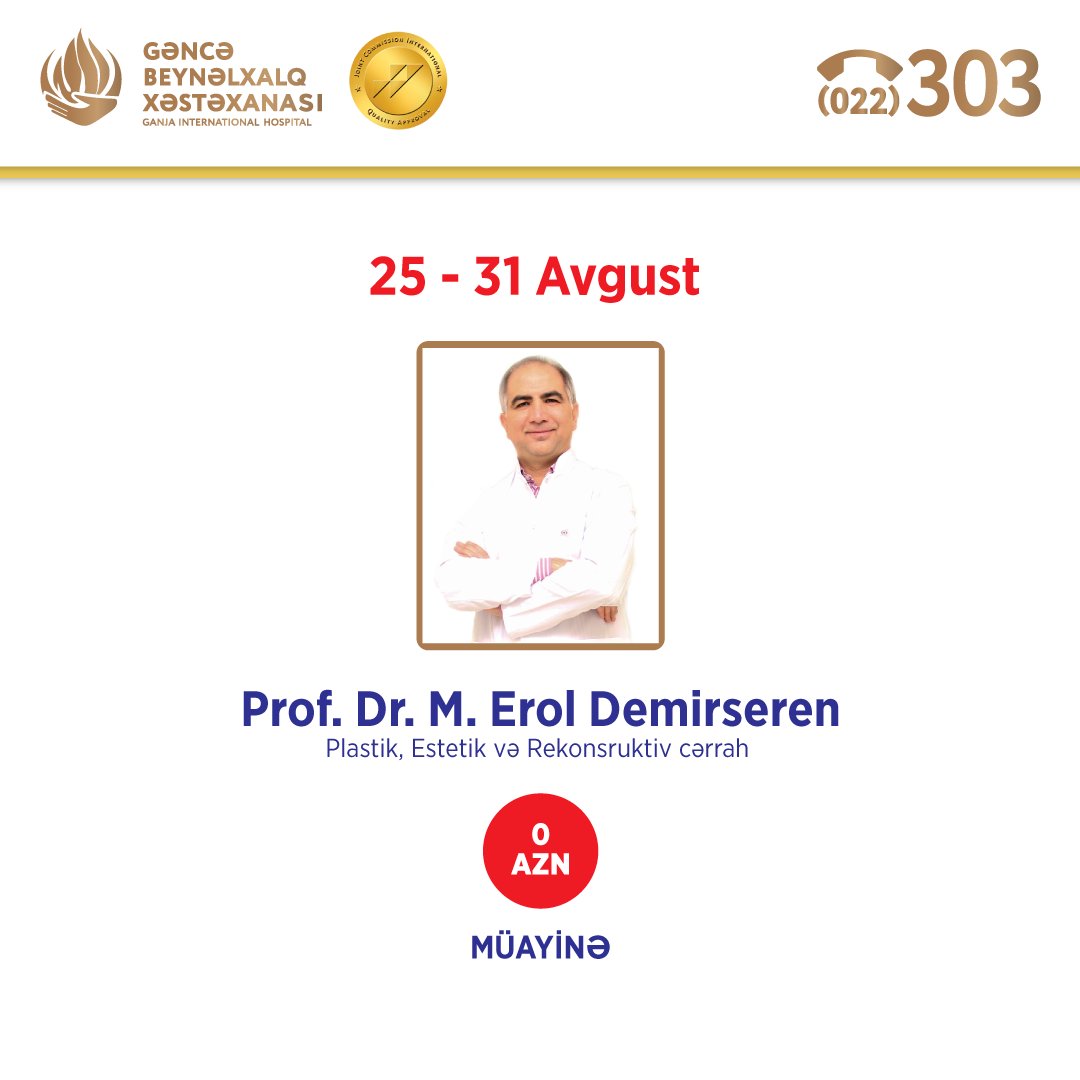 25-31 Avqust tarixlərində Türkiyədən dəvət olunmuş məşhur Plastik, Estetik, Rekonstruktiv Cərrah Prof. Dr. M. Erol Demirseren Gəncə Beynəlxalq Xəstəxanasında.

gbx.az #gih #gbx #ganjainternationalhospital #burun_estetikası #rinoplastika