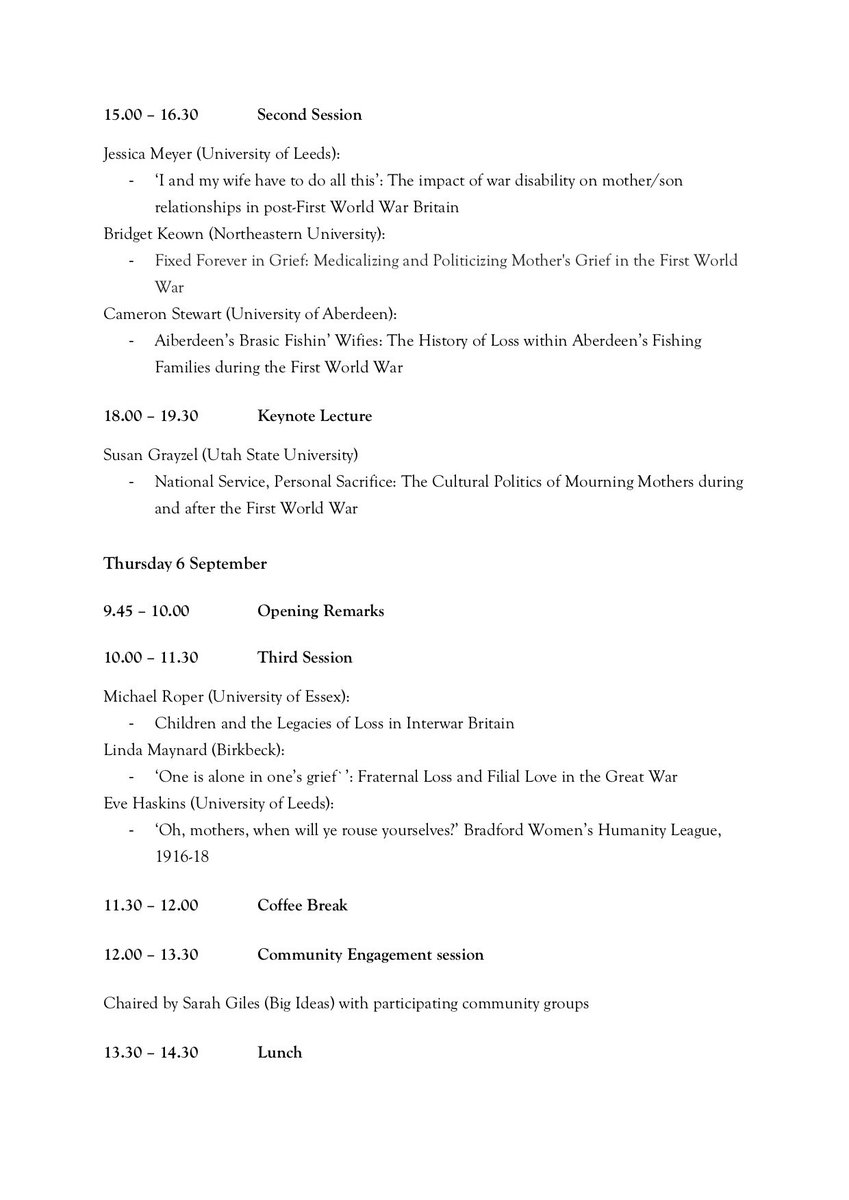MadiganEdward's tweet photo. I'm delighted to announce the programme for the forthcoming Motherhood, Loss and the First World War conference, including key note lecture from Susan Grayzel. Please consider joining us in September to explore this moving but much overlooked aspect of the 'war to end all wars'. https://t.co/XRUNOAOFm2